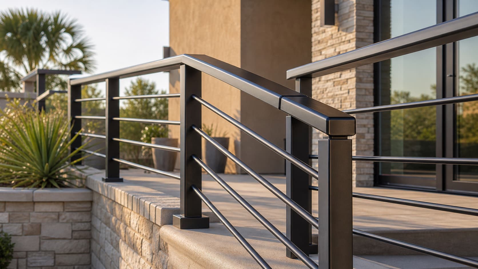 Representative metal railing detail with aligned posts and clean finish