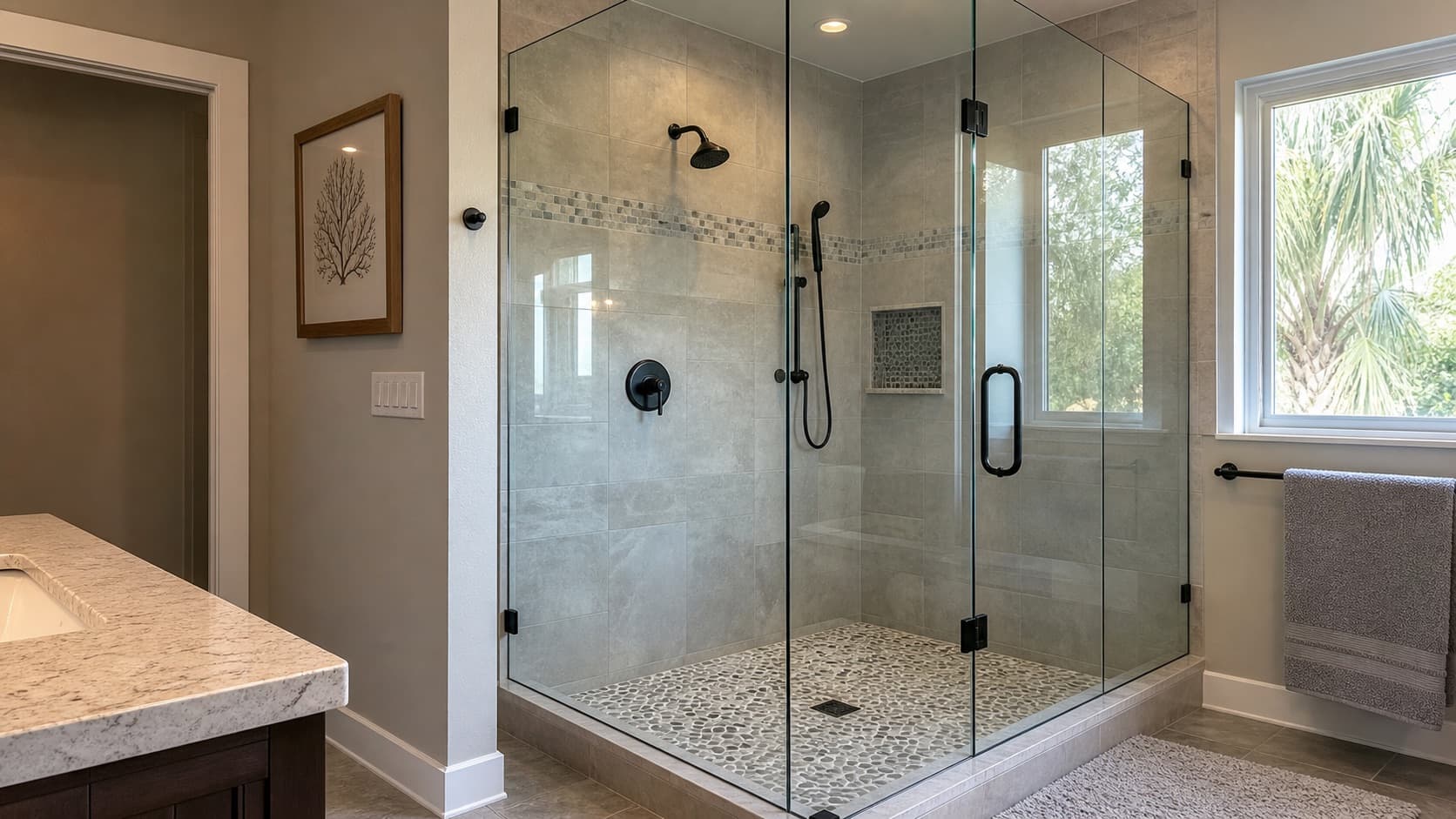Representative custom glass shower enclosure in a finished bathroom